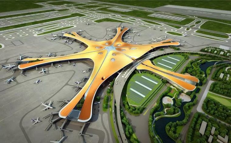 ▽北京大兴国际机场航拍 李召麒 凤凰展翅的五指型布局 《山海经》有